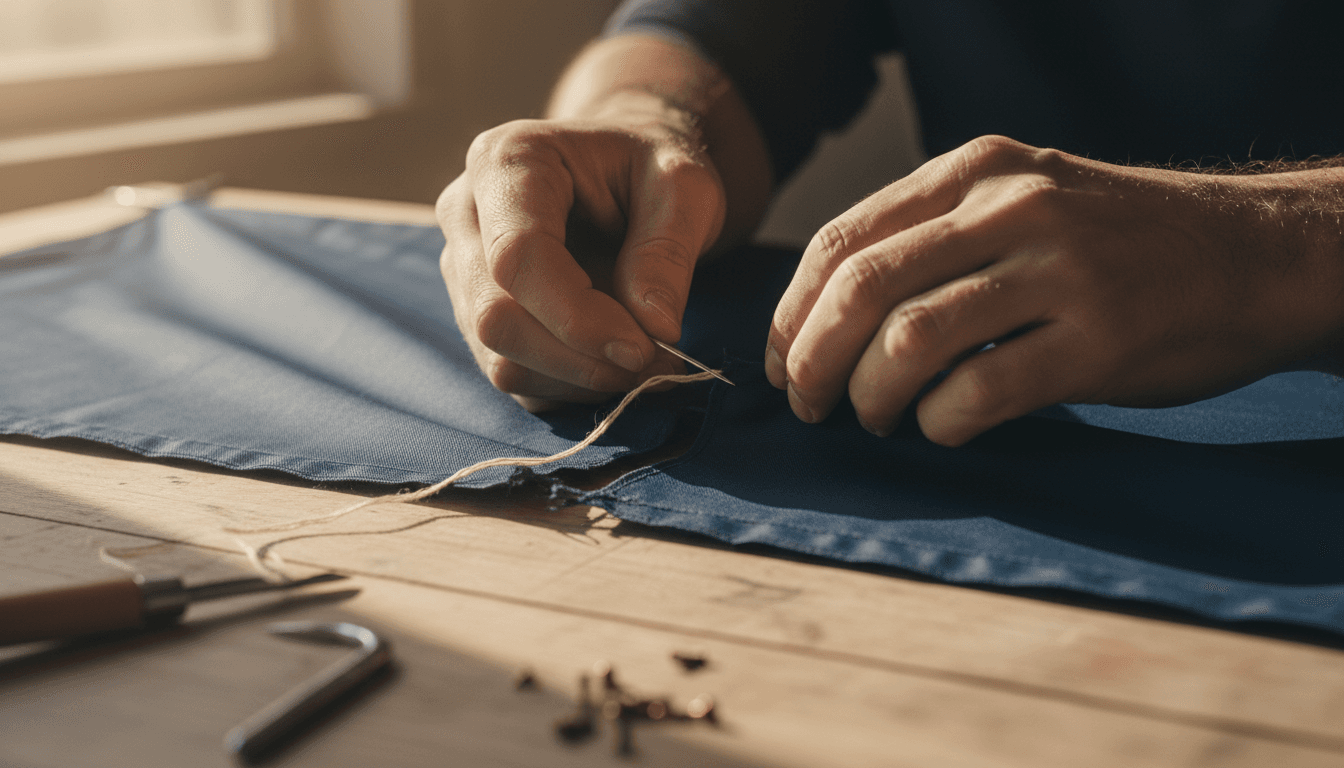 Hands repairing a tear in navy umbrella fabric on a workbench