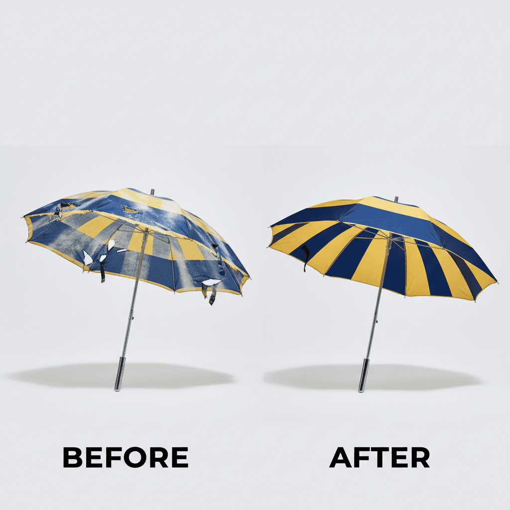 Before-and-after comparison of a damaged umbrella and its restored version
