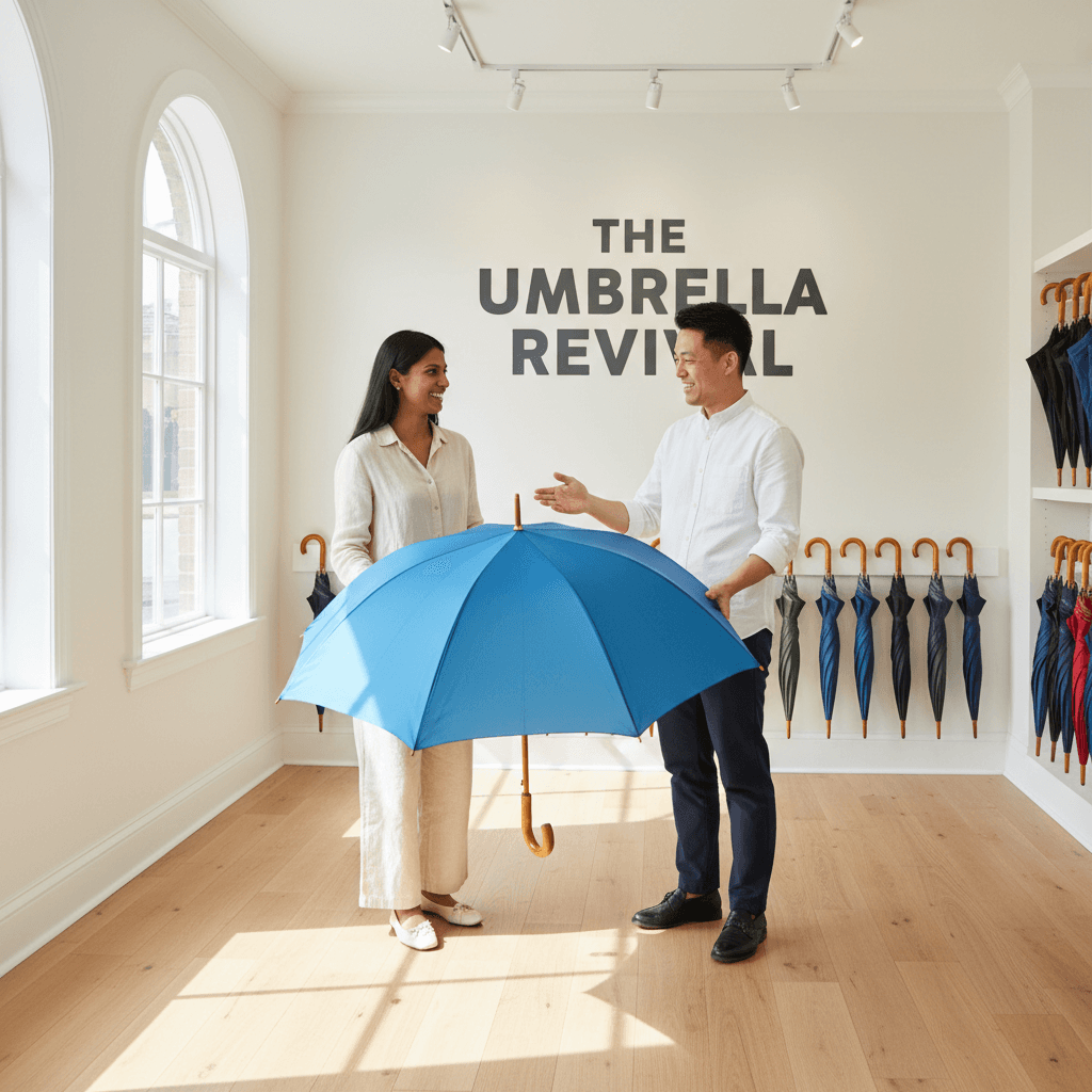 Customer happily receiving a restored umbrella at pickup