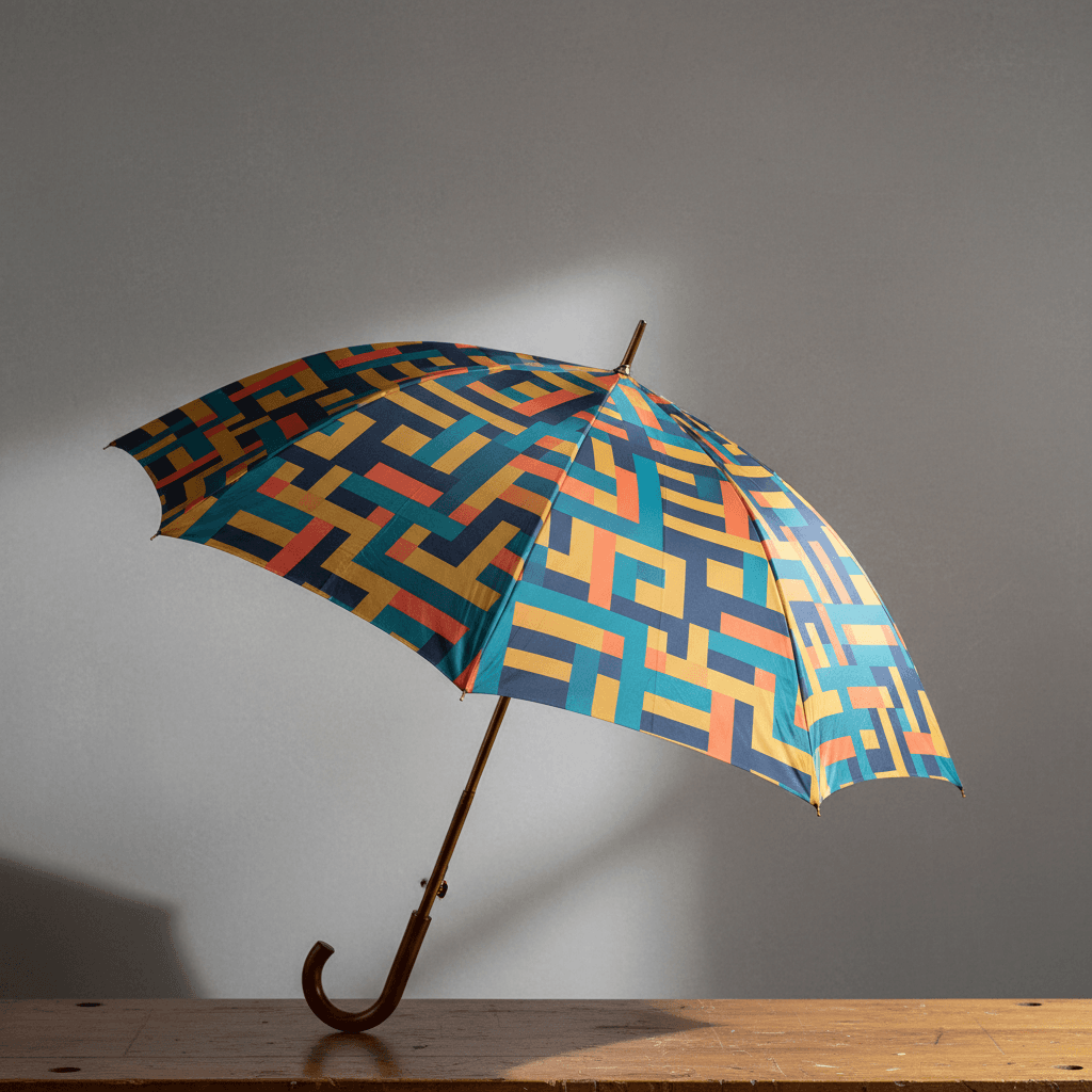 Fully restored umbrella displaying vibrant clean fabric and metallic details