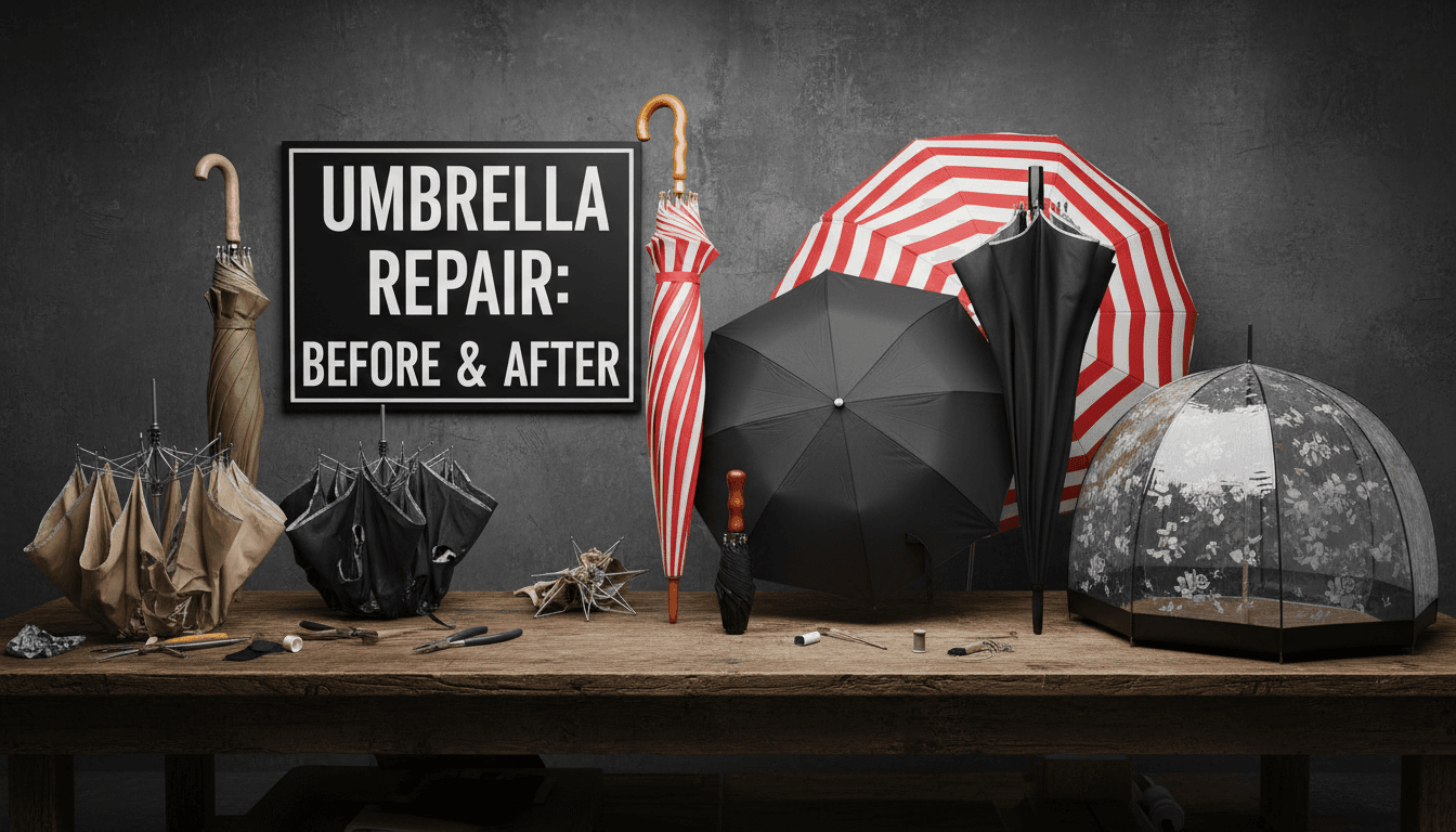 Umbrellas before and after repair on a wooden surface