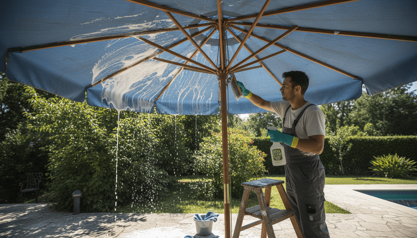 Cleaning umbrella canopy with soft brush