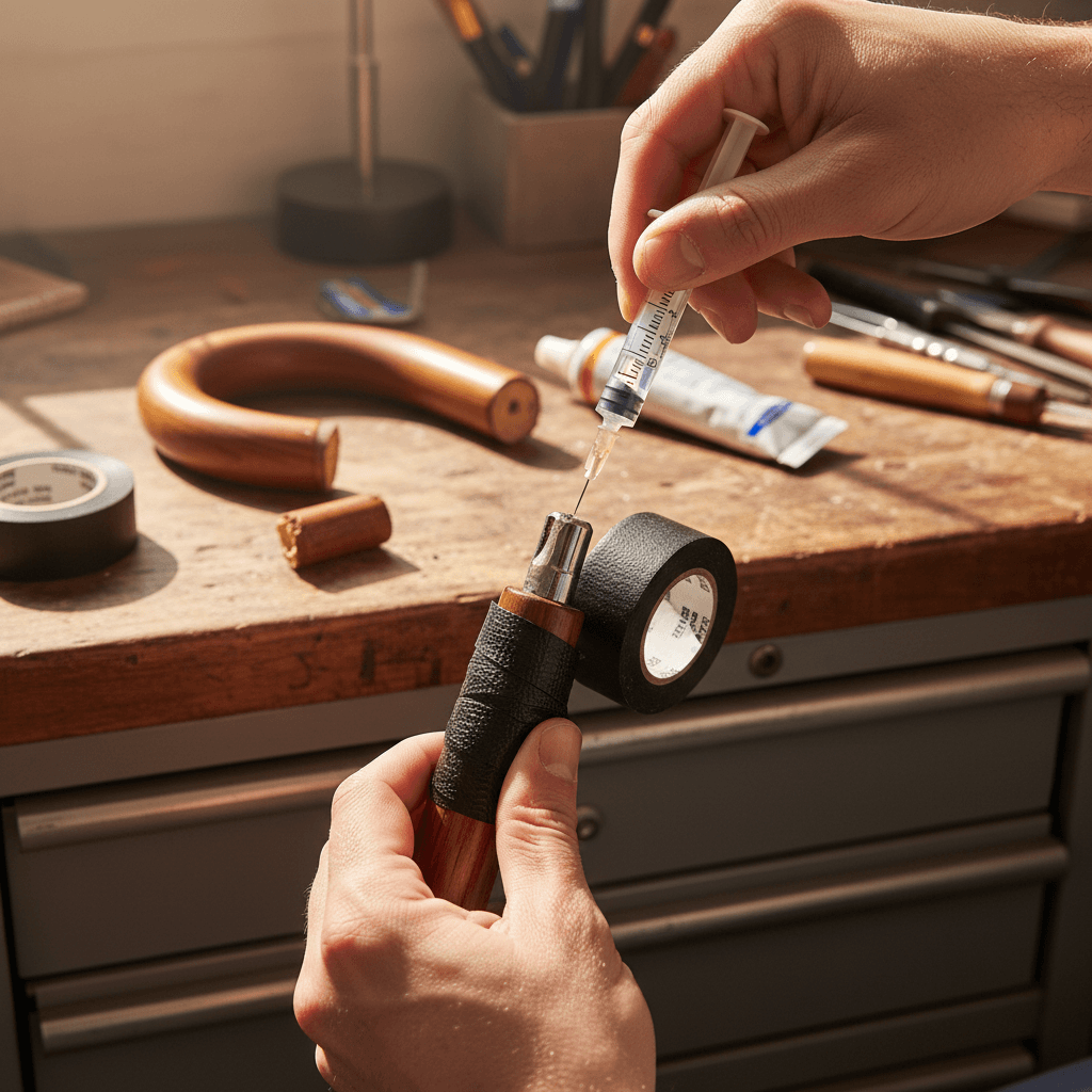 A warm, precise close-up shot of a technician's hands reattaching an umbrella handle with professional-grade adhesive and wrapping.