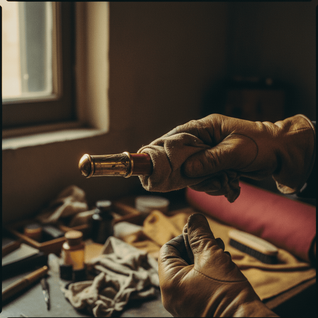Close-up of umbrella handle and ferrule being cleaned and polished