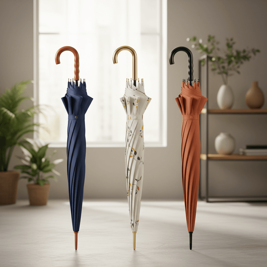 Three restored umbrellas ready for customer pickup