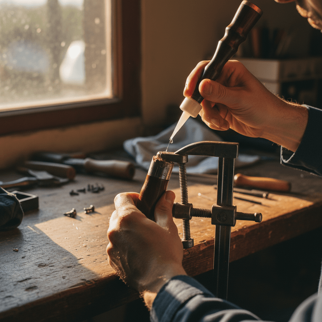 Technician reinforcing an umbrella handle during structural repair