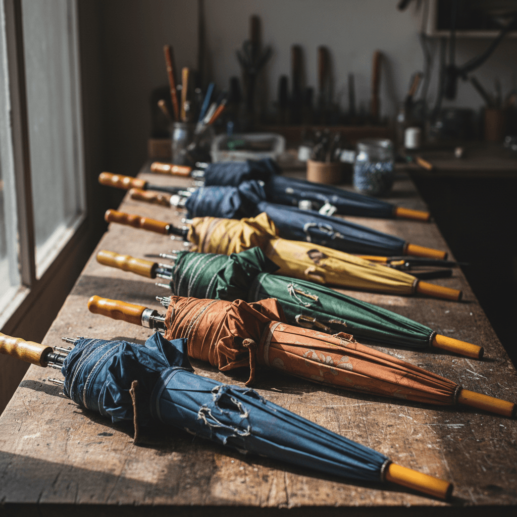Multiple umbrellas awaiting repair on a professional workbench