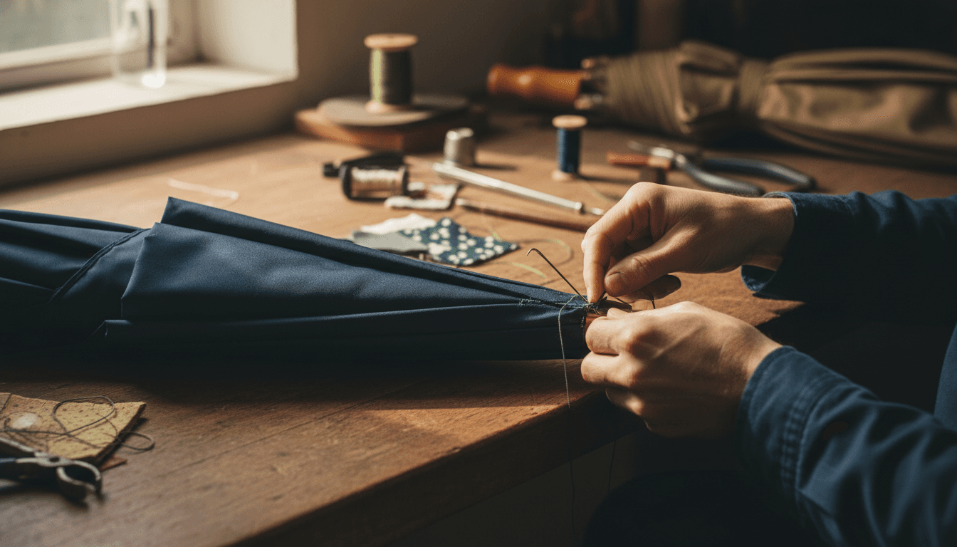 Technician carefully repairing umbrella canopy at wooden workbench with natural light