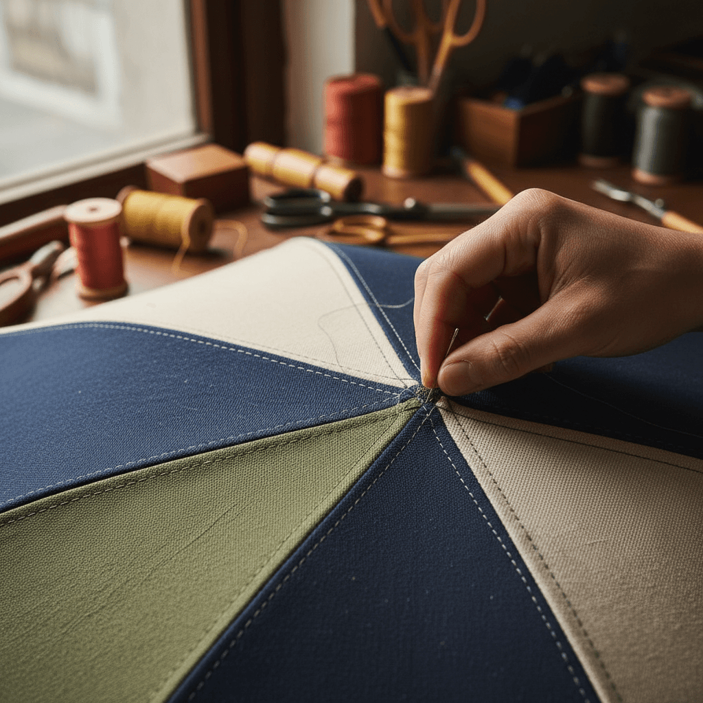Detailed umbrella fabric stitching and repair work in progress