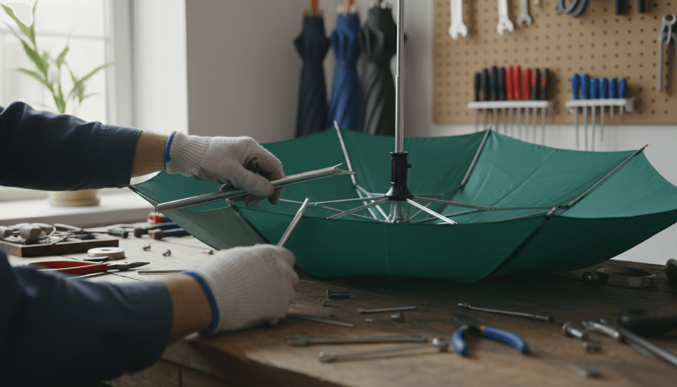 Replacing a broken umbrella rib on a workbench