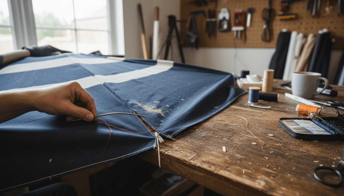 Hand repairing torn umbrella fabric with needle and thread